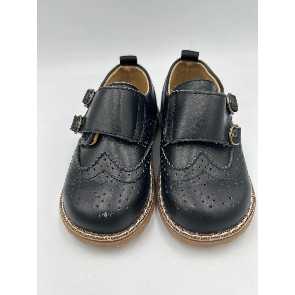 CCTWINS Kids Black Wingtip Brogue Double Monk Strap Dress Shoes Size 23 165